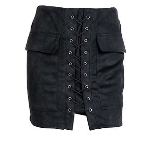 Lace up faux suede leather mini skirt